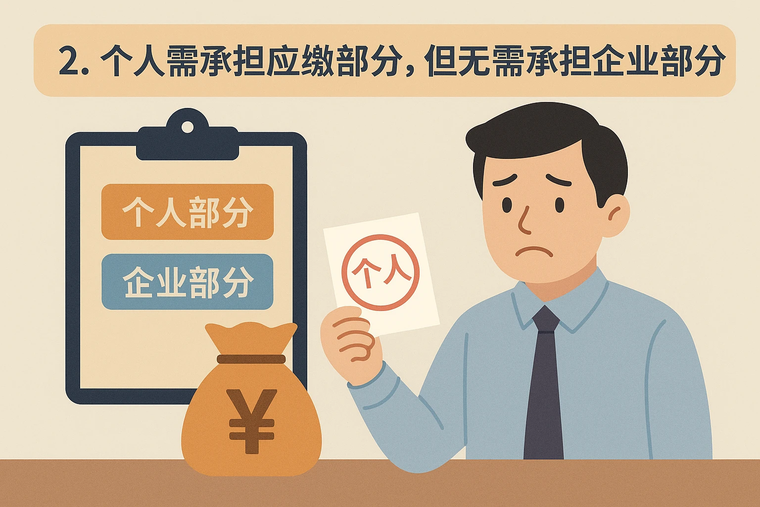 2. 个人需承担应缴部分，但无需承担企业部分