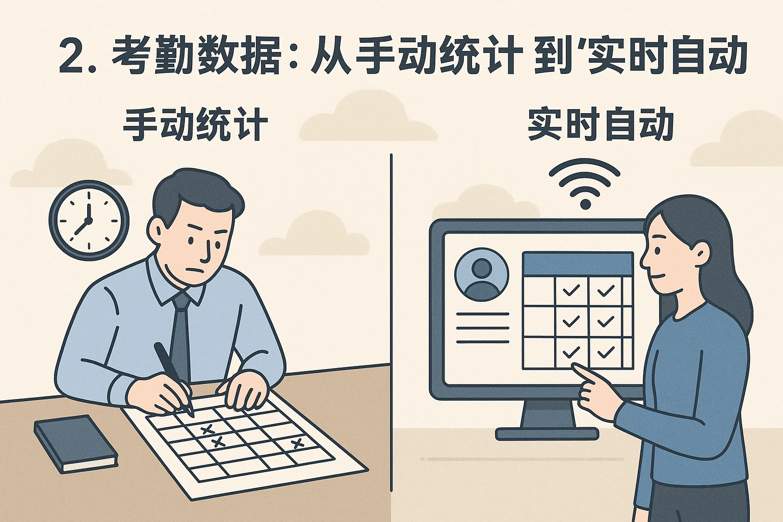 2. 考勤数据：从“手动统计”到“实时自动”
