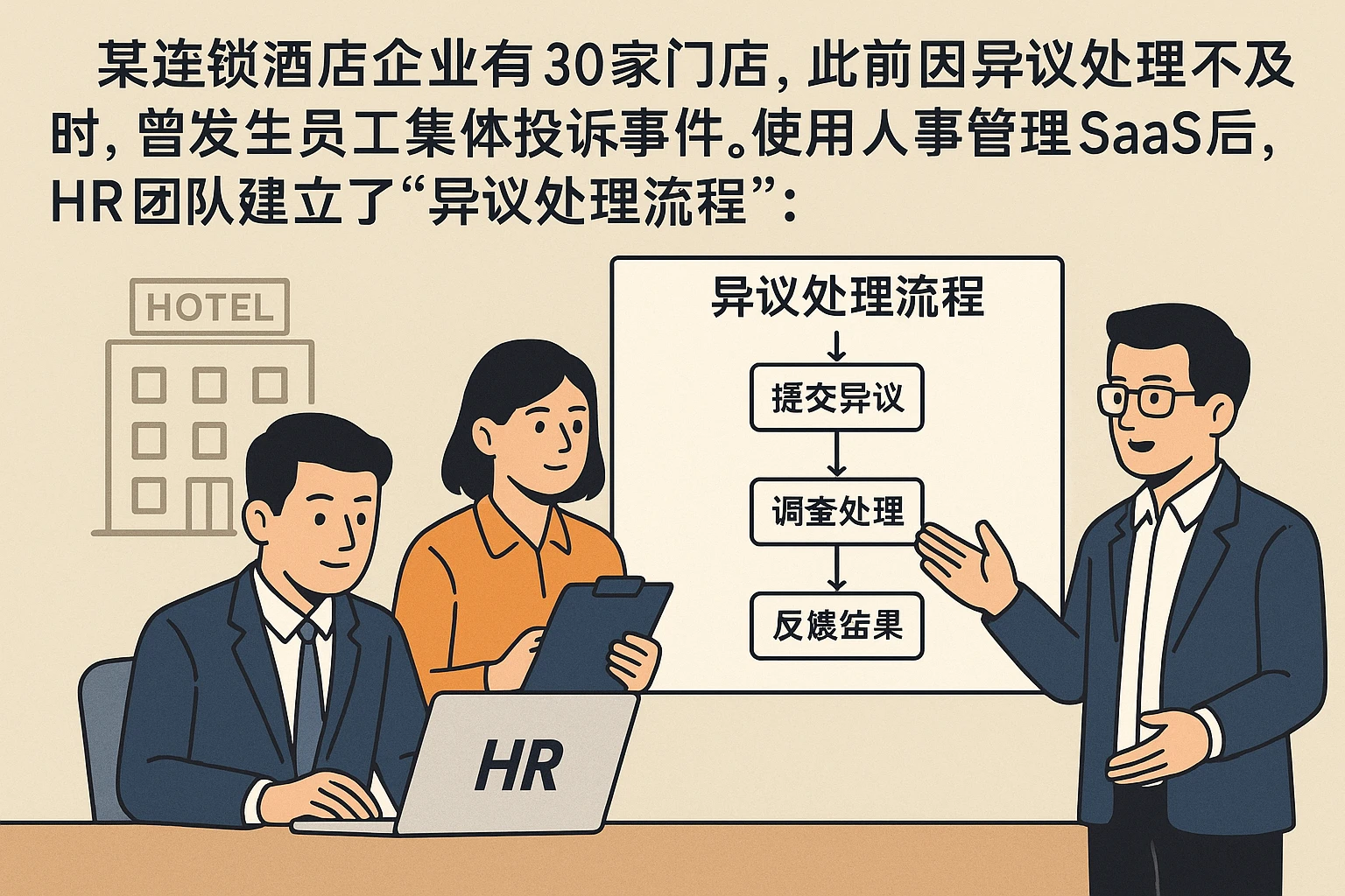 某连锁酒店企业有30家门店，此前因异议处理不及时，曾发生员工集体投诉事件。使用人事管理SaaS后，HR团队建立了“异议处理流程”：