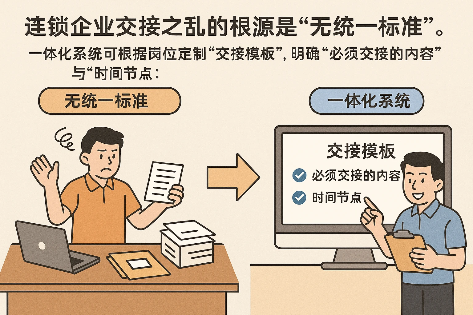 连锁企业交接之乱的根源是“无统一标准”。一体化系统可根据岗位定制“交接模板”，明确“必须交接的内容”与“时间节点”：