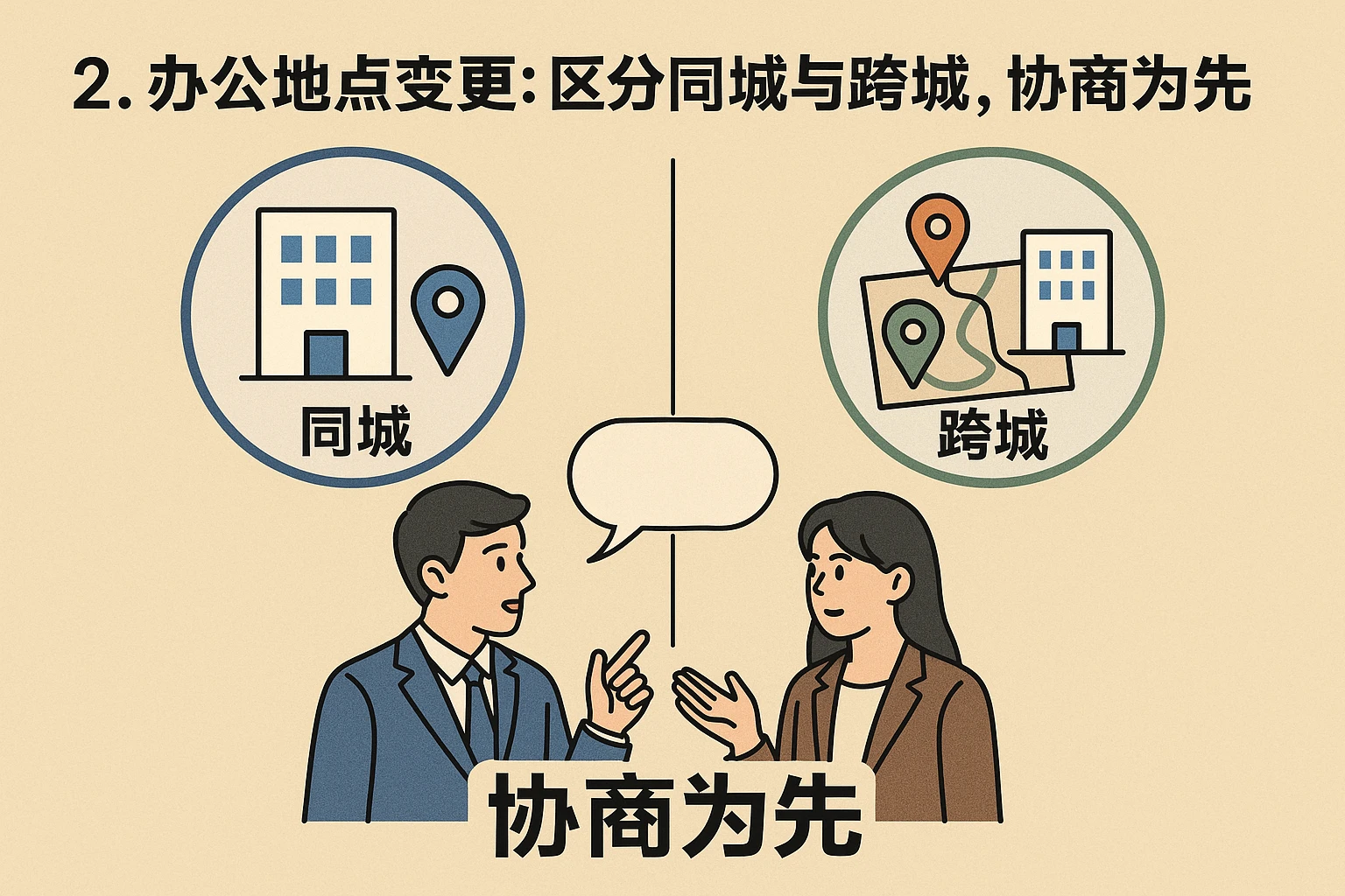 2. 办公地点变更:区分同城与跨城,协商为先