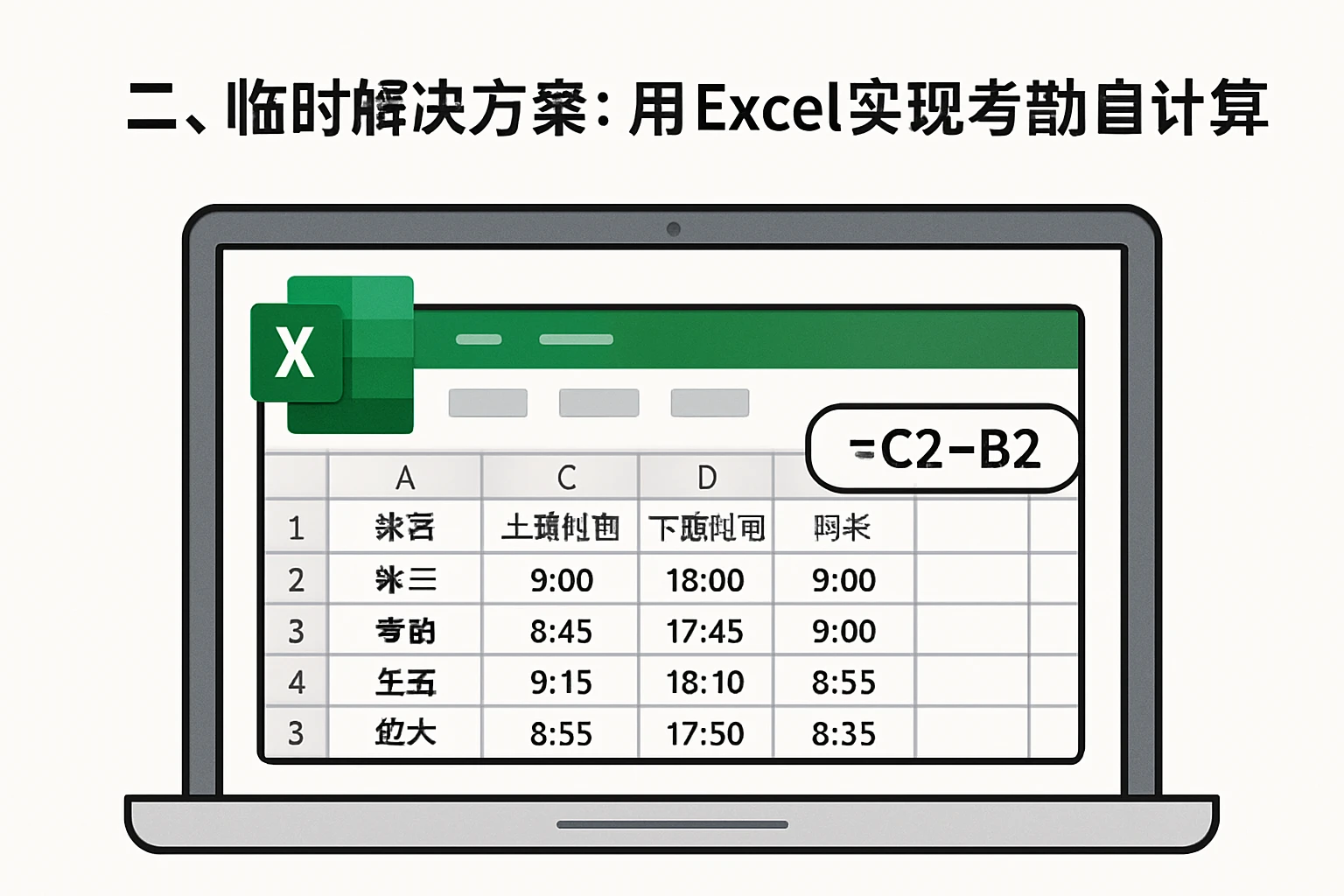 二、临时解决方案：用Excel实现考勤自动计算