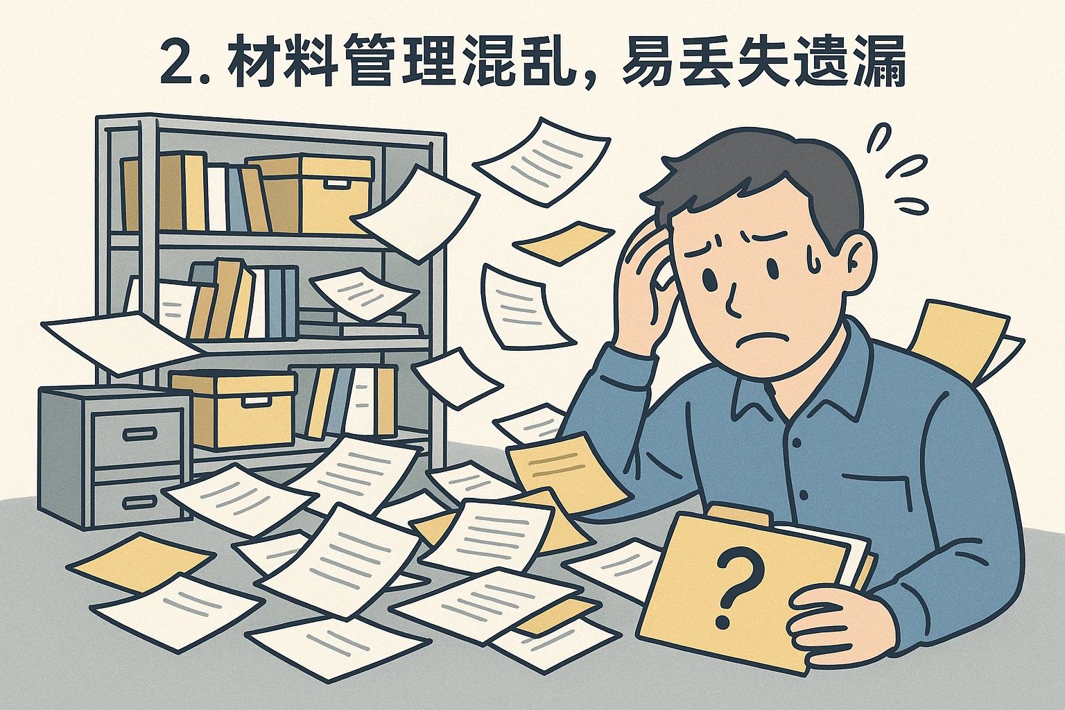 2. 材料管理混乱，易丢失遗漏