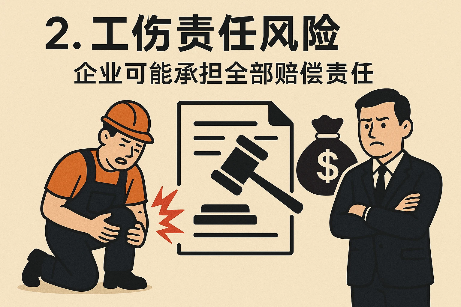 2. 工伤责任风险：企业可能承担全部赔偿责任