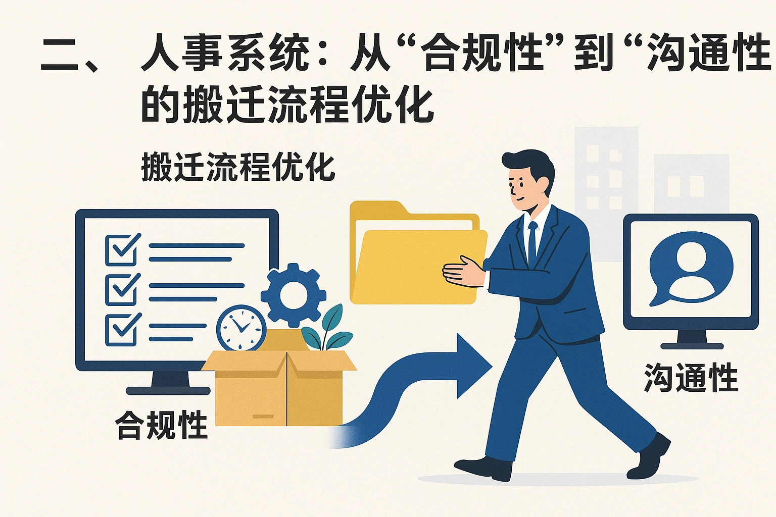 二、人事系统：从“合规性”到“沟通性”的搬迁流程优化
