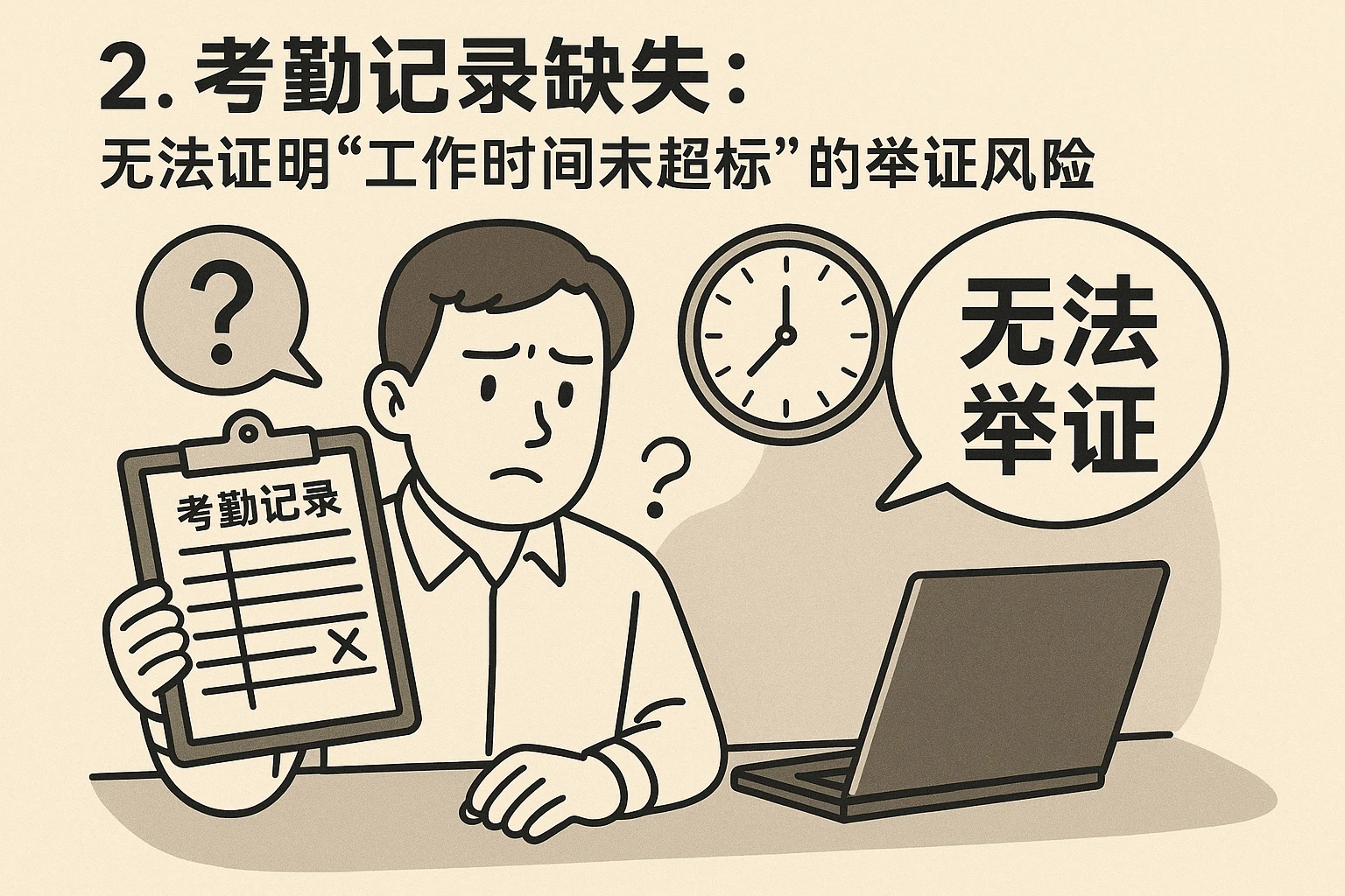 2. 考勤记录缺失：无法证明“工作时间未超标”的举证风险