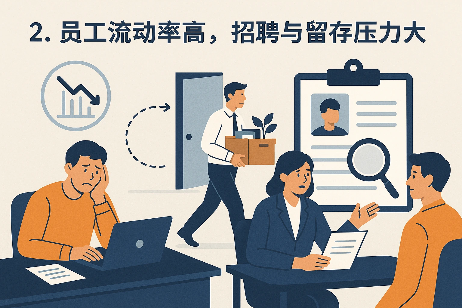 2. 员工流动率高，招聘与留存压力大