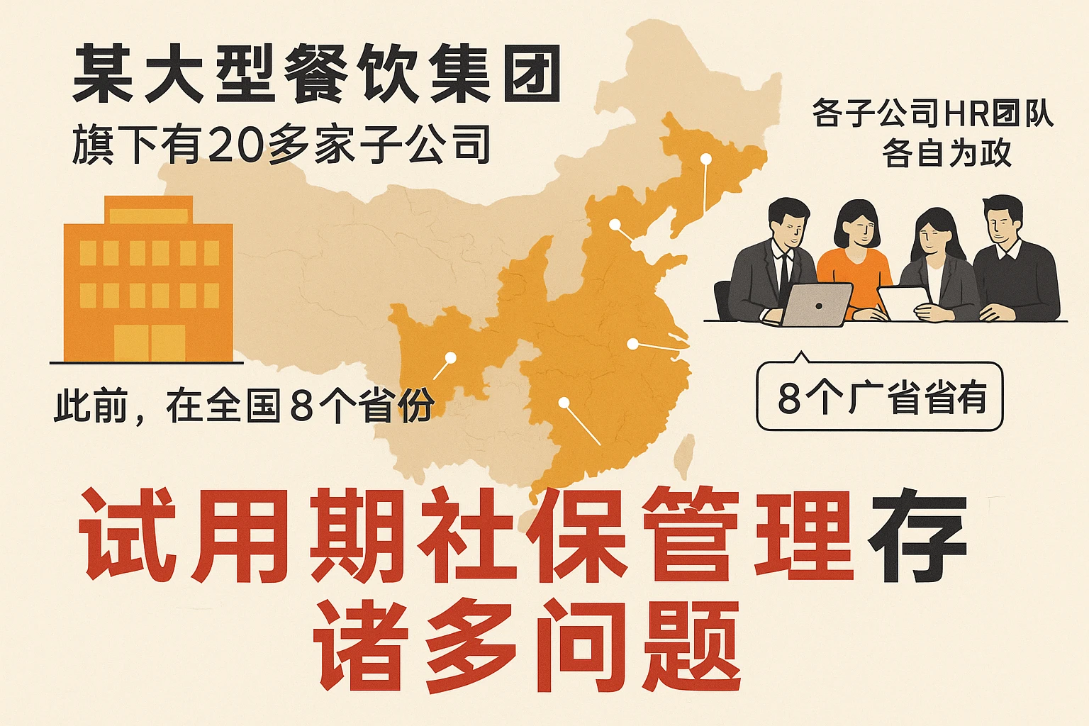 某大型餐饮集团旗下有20多家子公司，分布在全国8个省份。此前，各子公司HR团队各自为政，试用期社保管理存在诸多问题：