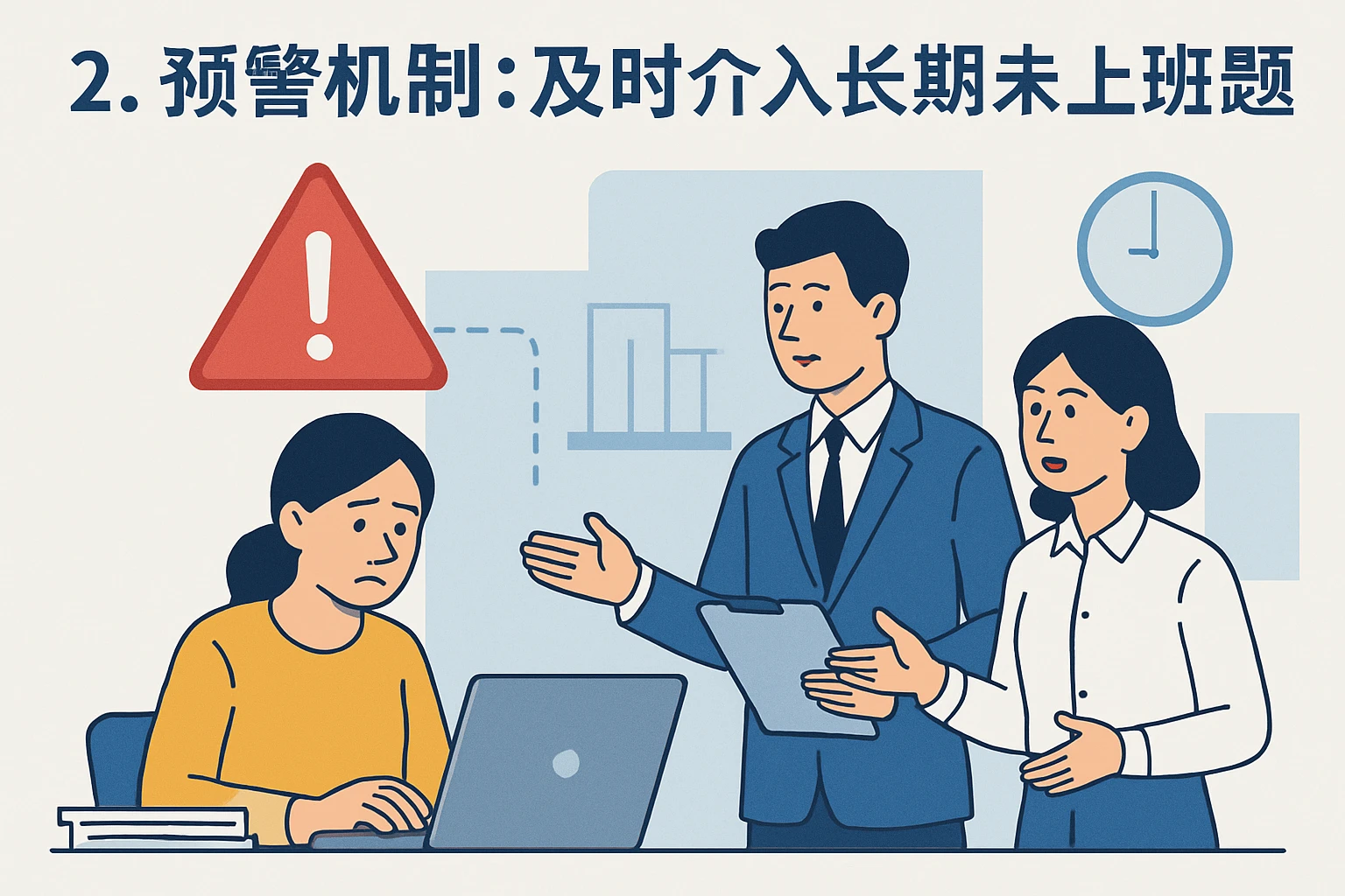 2. 预警机制：及时介入长期未上班问题