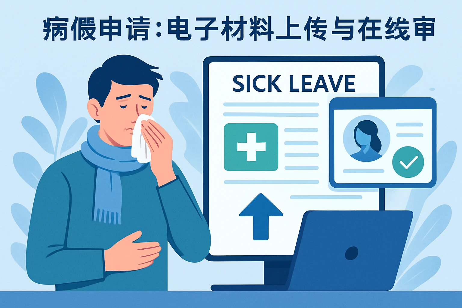1. 病假申请：电子材料上传与在线审批
