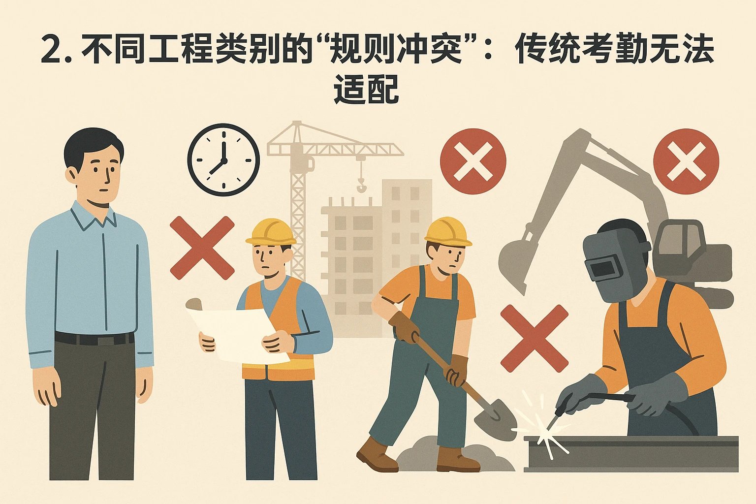 2. 不同工程类别的“规则冲突”：传统考勤无法适配