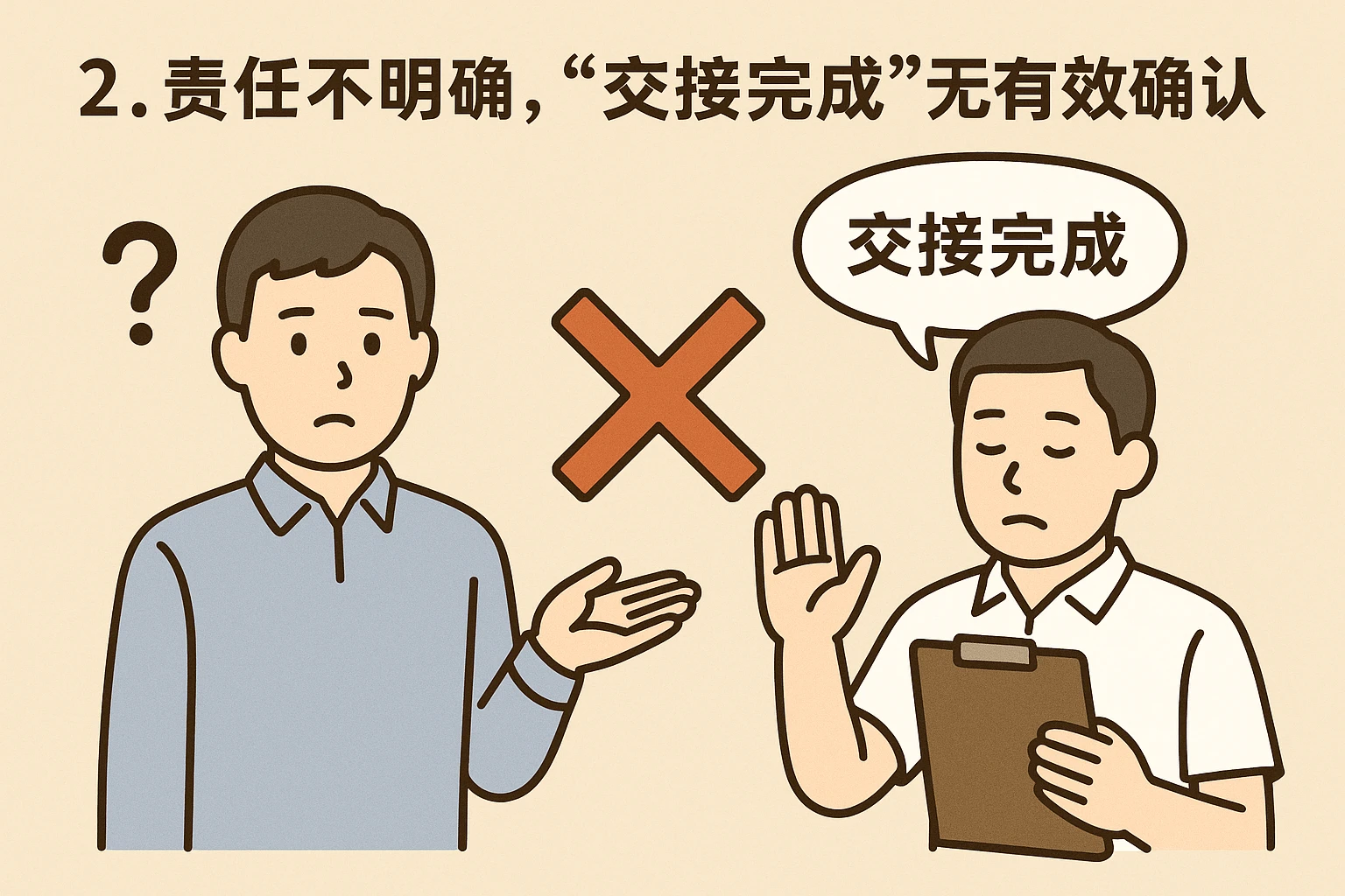 2. 责任不明确，“交接完成”无有效确认