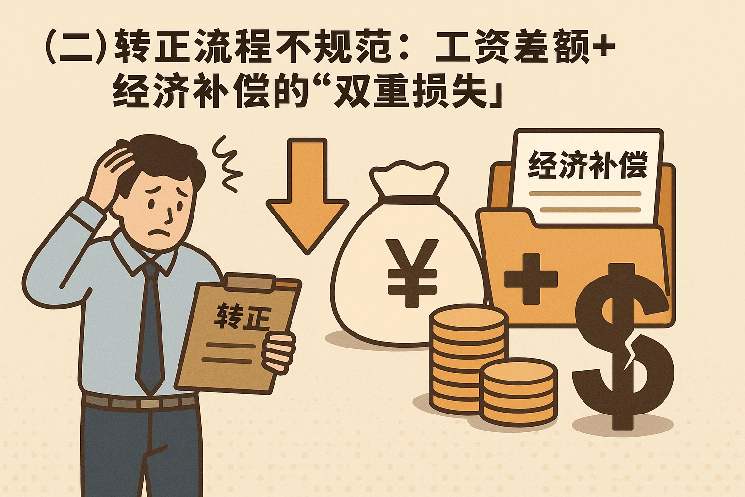 （二）转正流程不规范：工资差额+经济补偿的“双重损失”