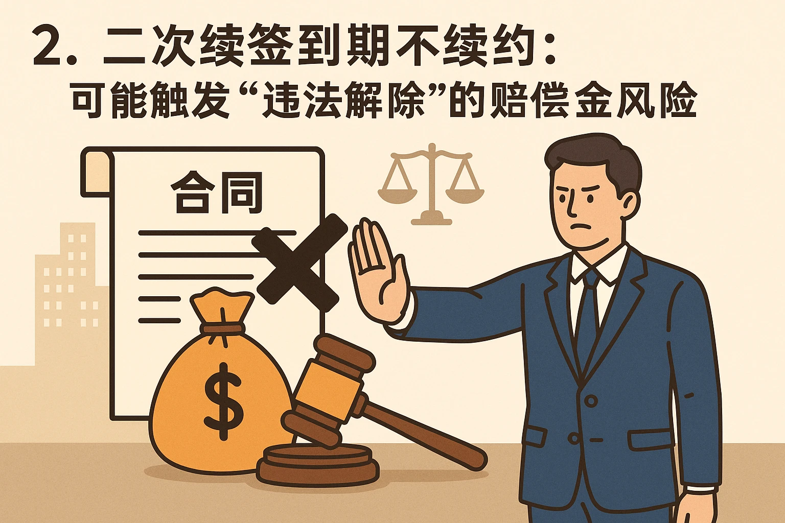 2. 二次续签到期不续约：可能触发“违法解除”的赔偿金风险