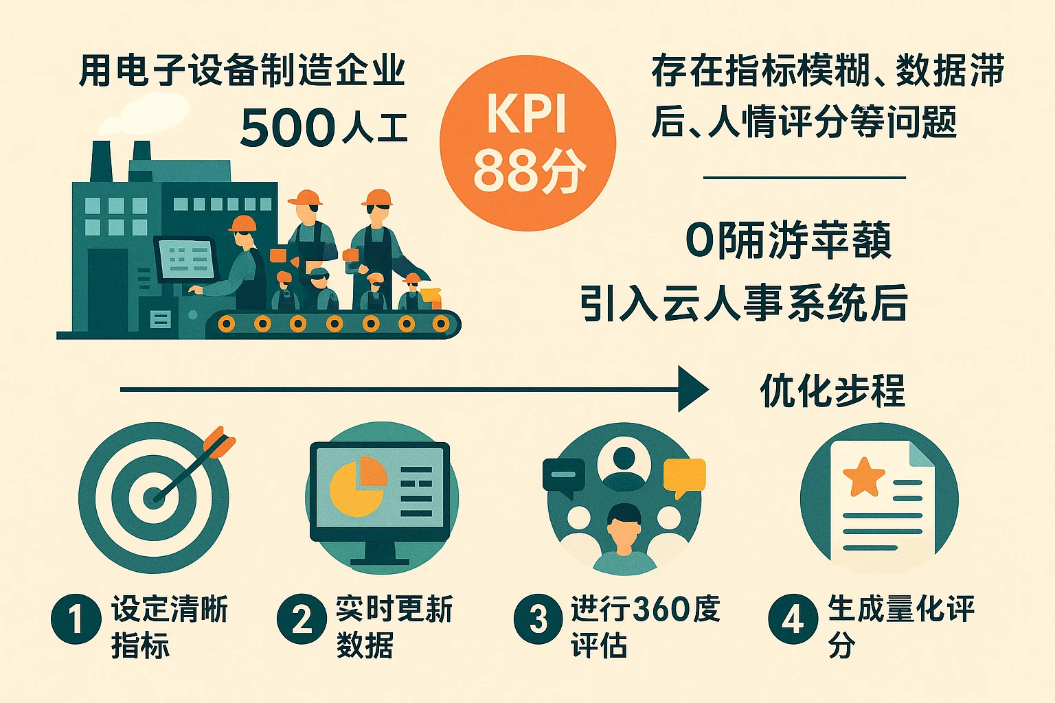 某电子设备制作企业拥有500名员工，之前KPI平均分88分，存在指标模糊、数据滞后、人情评分等问题。引入云人事系统后，按以下步骤优化：