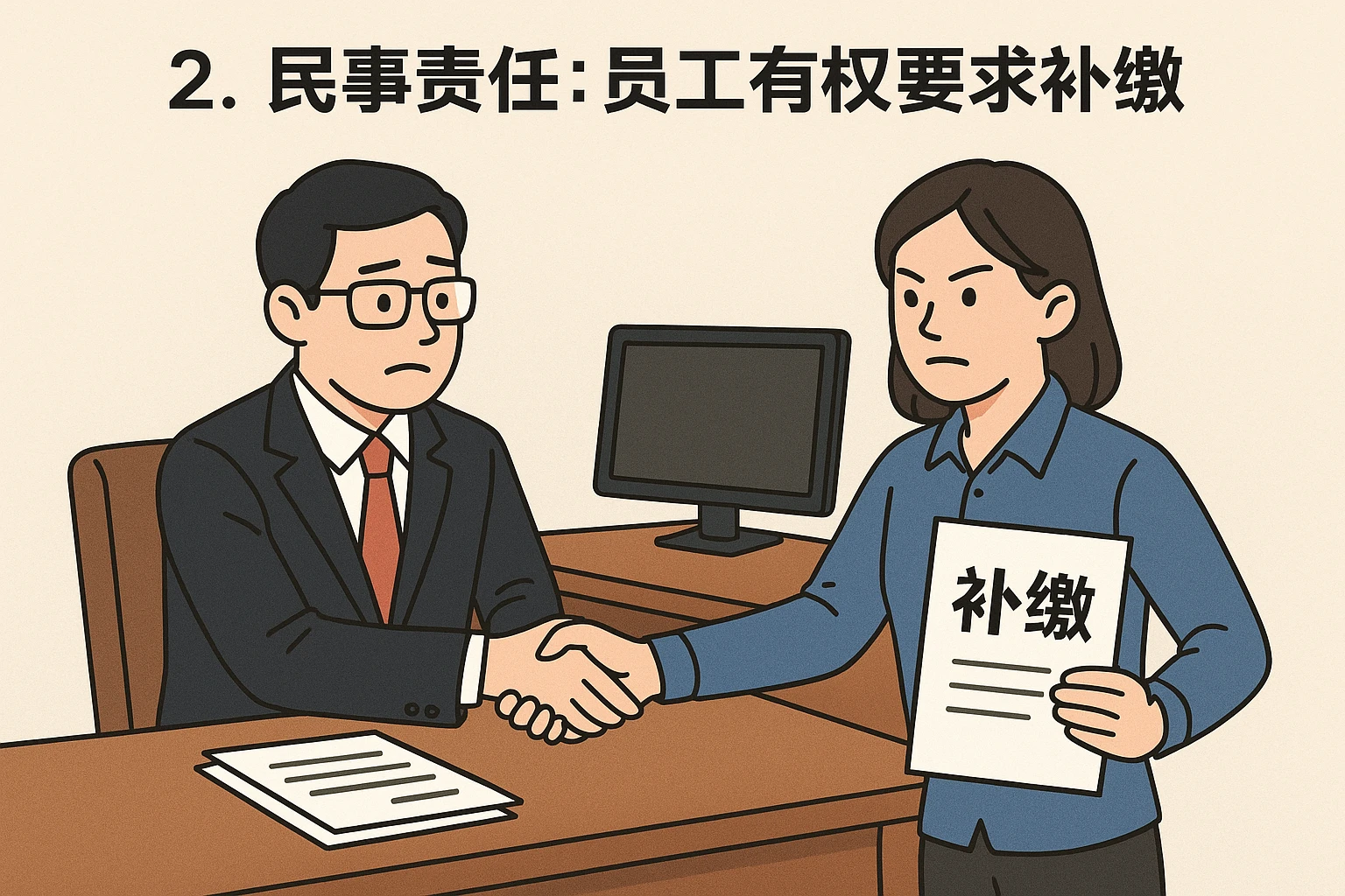 2. 民事责任：员工有权要求补缴