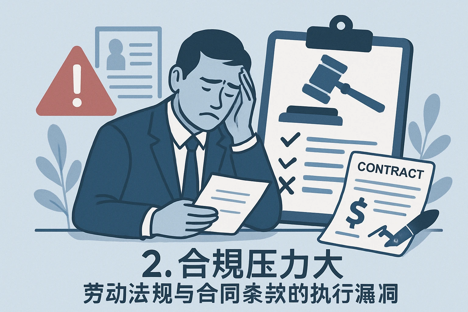 2. 合规压力大：劳动法规与合同条款的执行漏洞