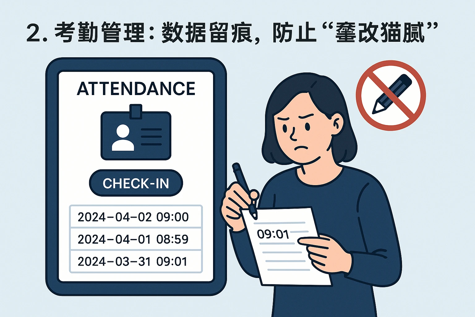 2. 考勤管理:数据留痕,防止“篡改猫腻”