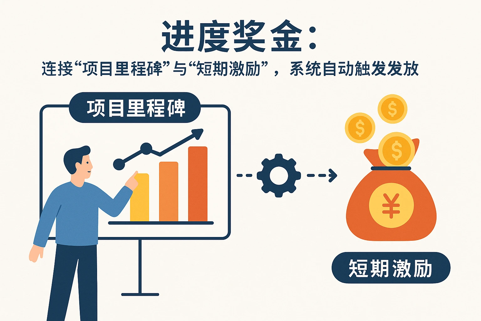 2. 进度奖金：连接“项目里程碑”与“短期激励”，系统自动触发发放