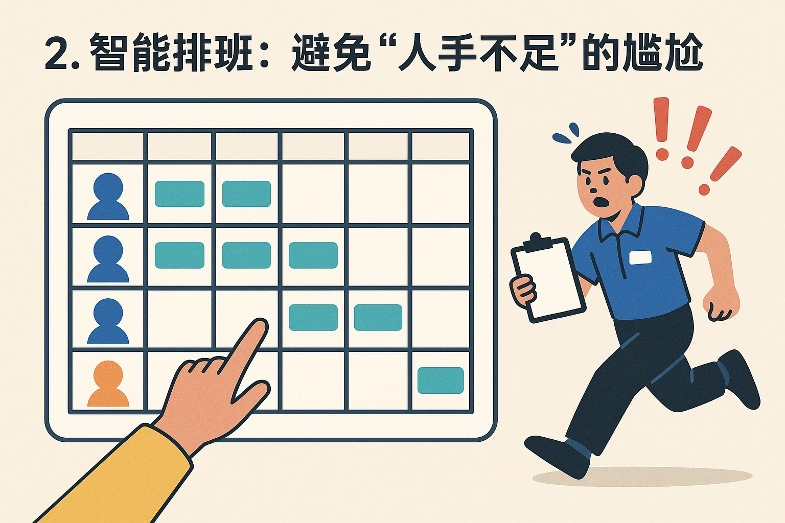 2. 智能排班：避免“人手不足”的尴尬