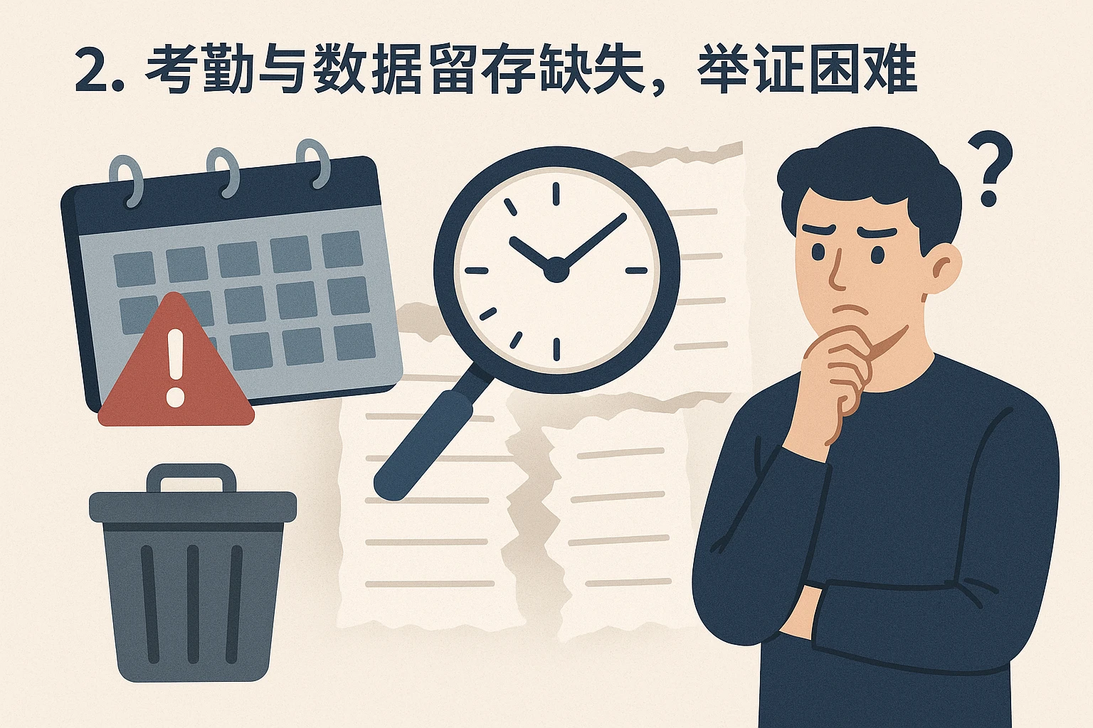2. 考勤与数据留存缺失，举证困难