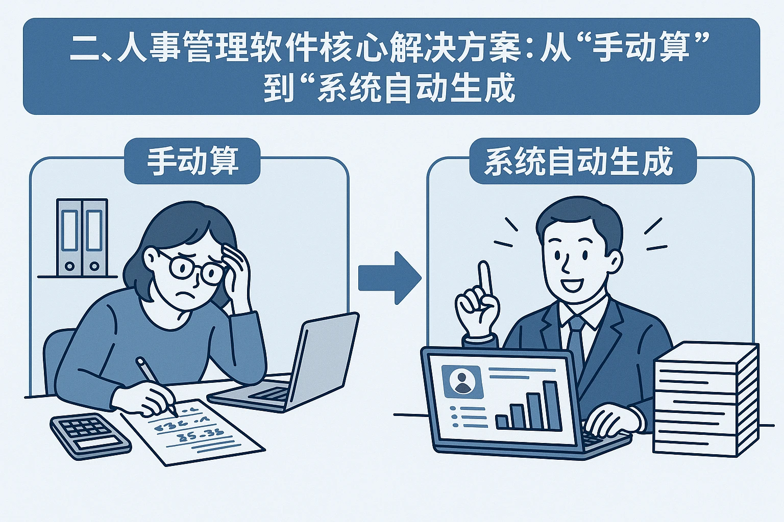 二、人事管理软件的核心解决方案：从“手动算”到“系统自动生成”