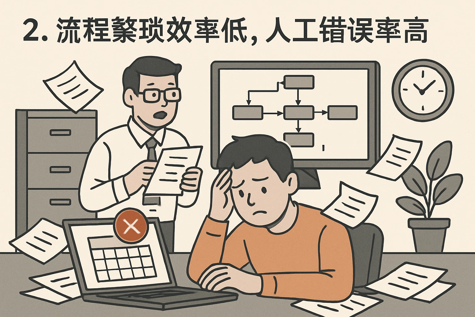 2. 流程繁琐效率低，人工错误率高