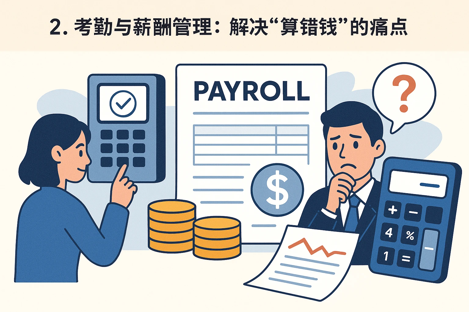 2. 考勤与薪酬管理：解决“算错钱”的痛点