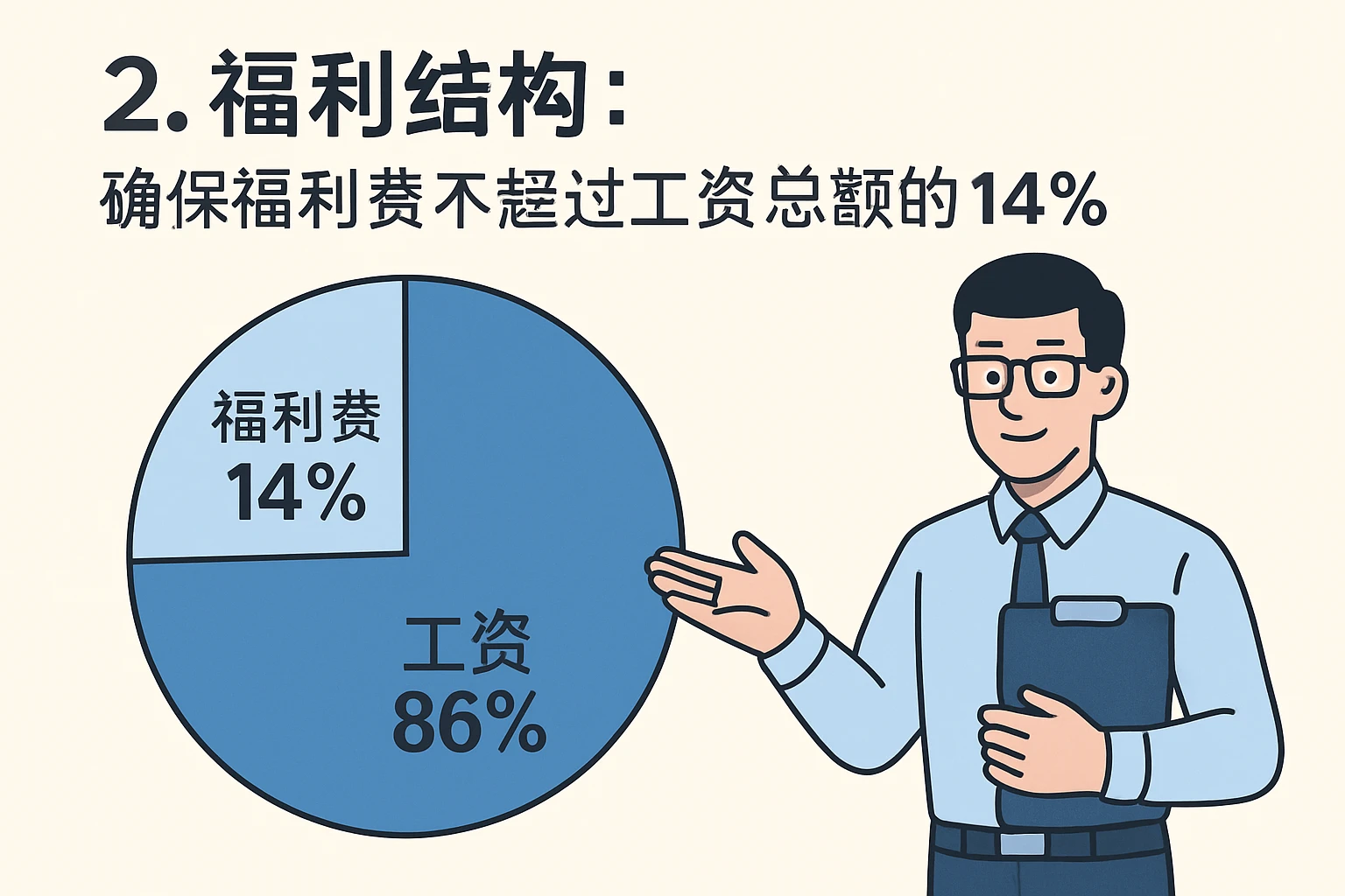 2. 福利结构：确保福利费不超过工资总额的14%