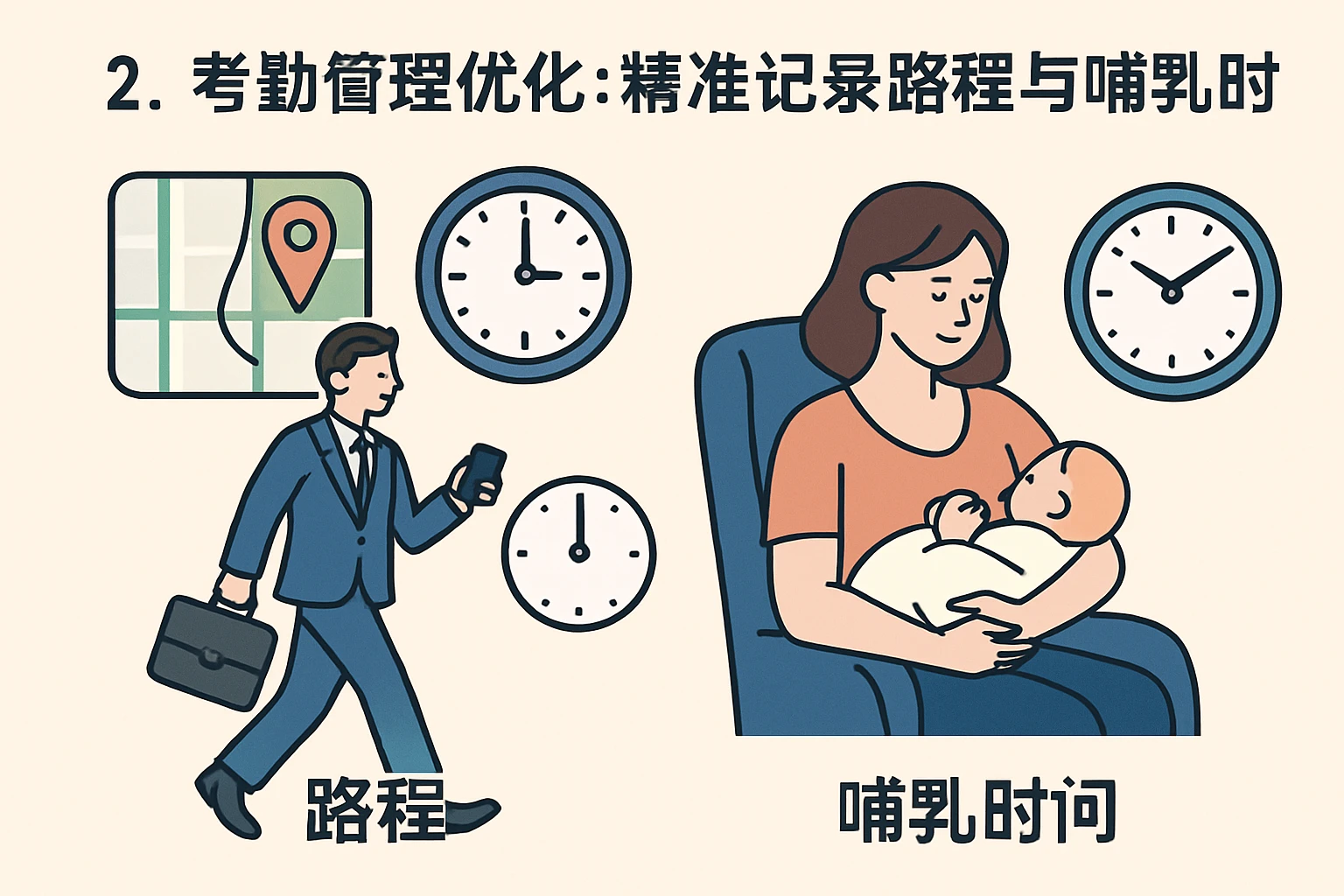 2. 考勤管理优化：精准记录路程与哺乳时间