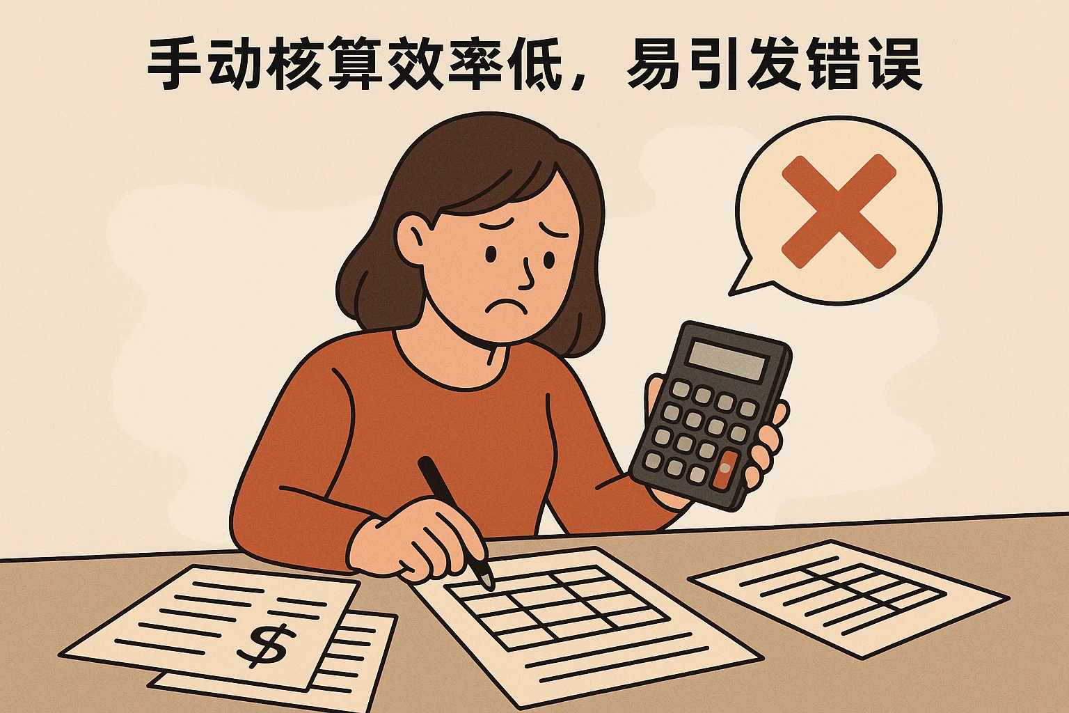 2. 手动核算效率低，易引发错误