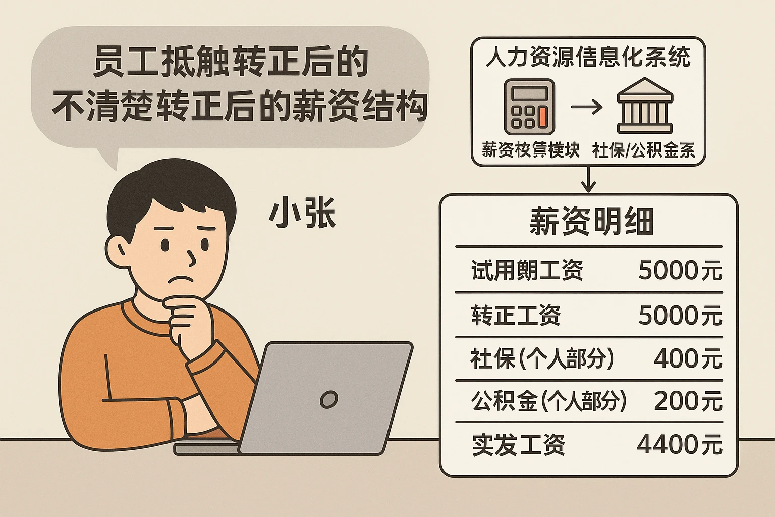 员工抵触转正的核心原因是“不清楚转正后的薪资结构”。人力资源信息化系统的“薪资核算模块”可与“社保/公积金系统”联动，自动计算员工转正后的薪资明细。例如，员工小张的试用期工资为5000元（无五险一金），转正后工资仍为5000元，但需缴纳社保（个人部分400元）、公积金（个人部分200元）。系统会生成详细的薪资单：