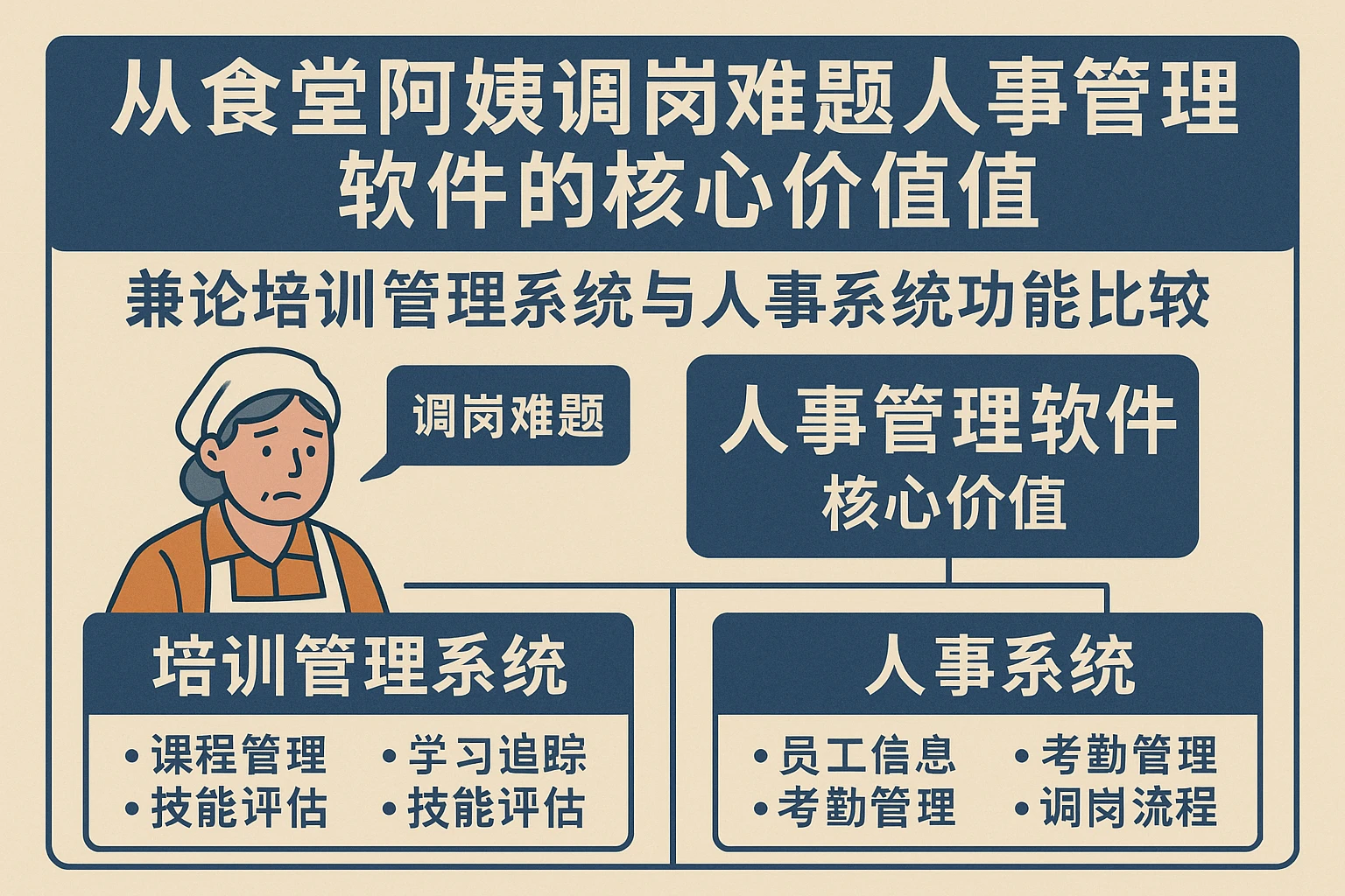 从食堂阿姨调岗难题看人事管理软件的核心价值——兼论培训管理系统与人事系统功能比较