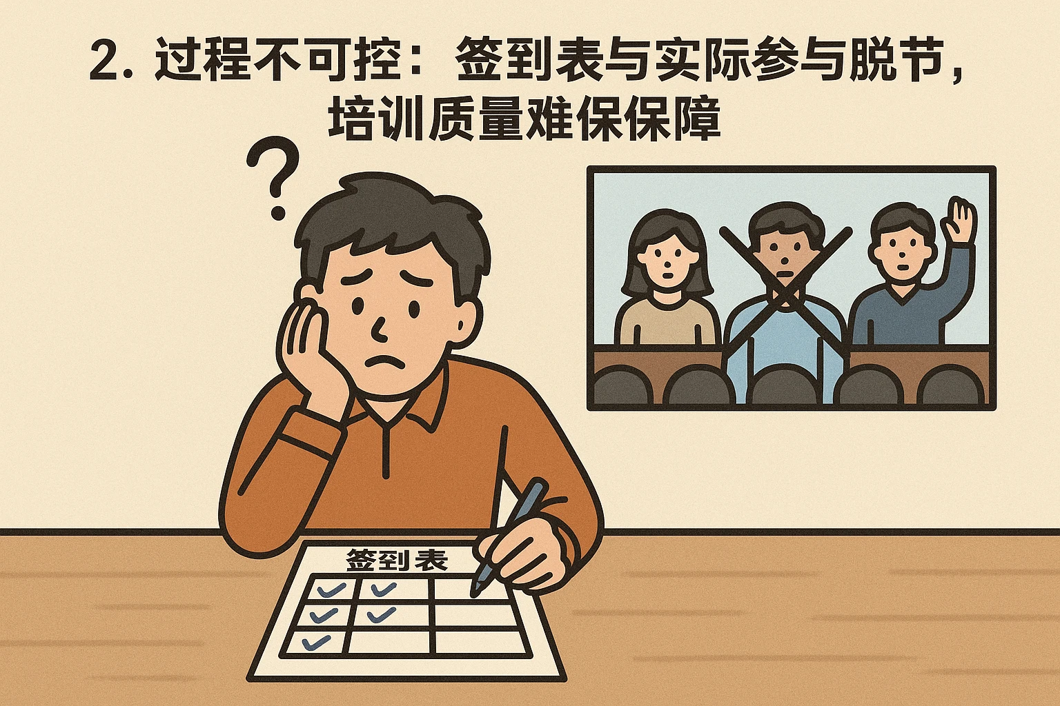 2. 过程不可控：签到表与实际参与脱节，培训质量难保障