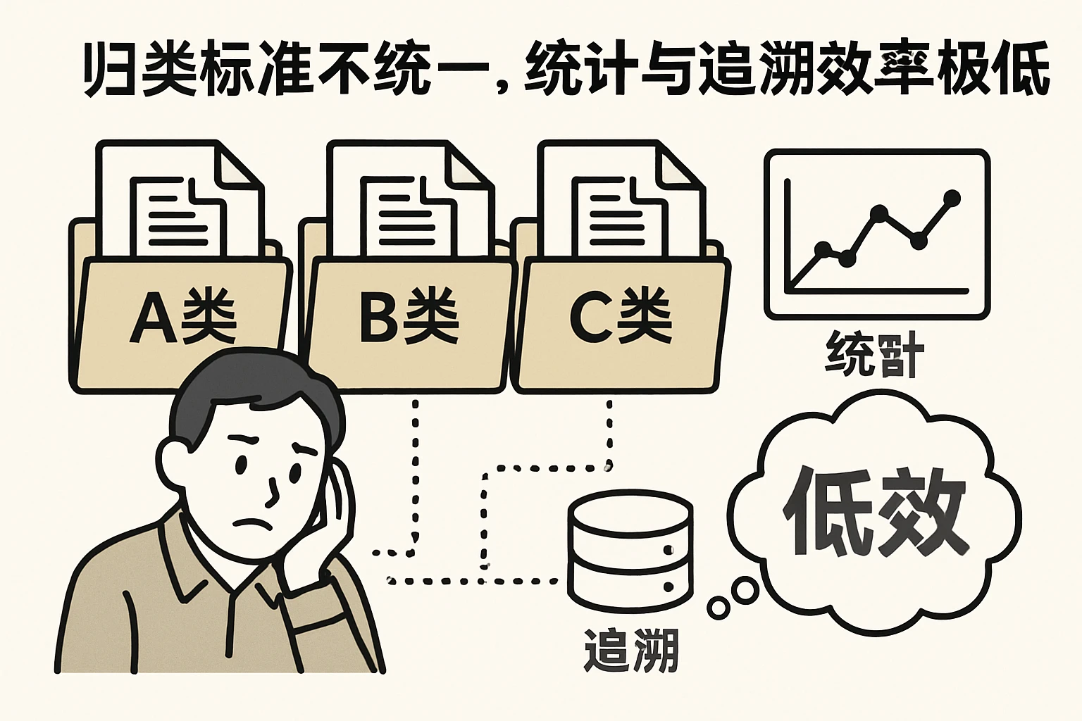 2. 归类标准不统一，统计与追溯效率极低