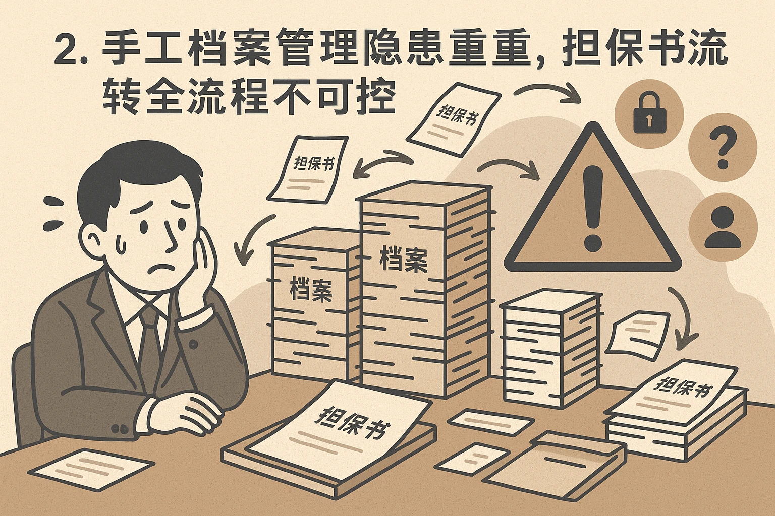 2. 手工档案管理隐患重重，担保书流转全流程不可控
