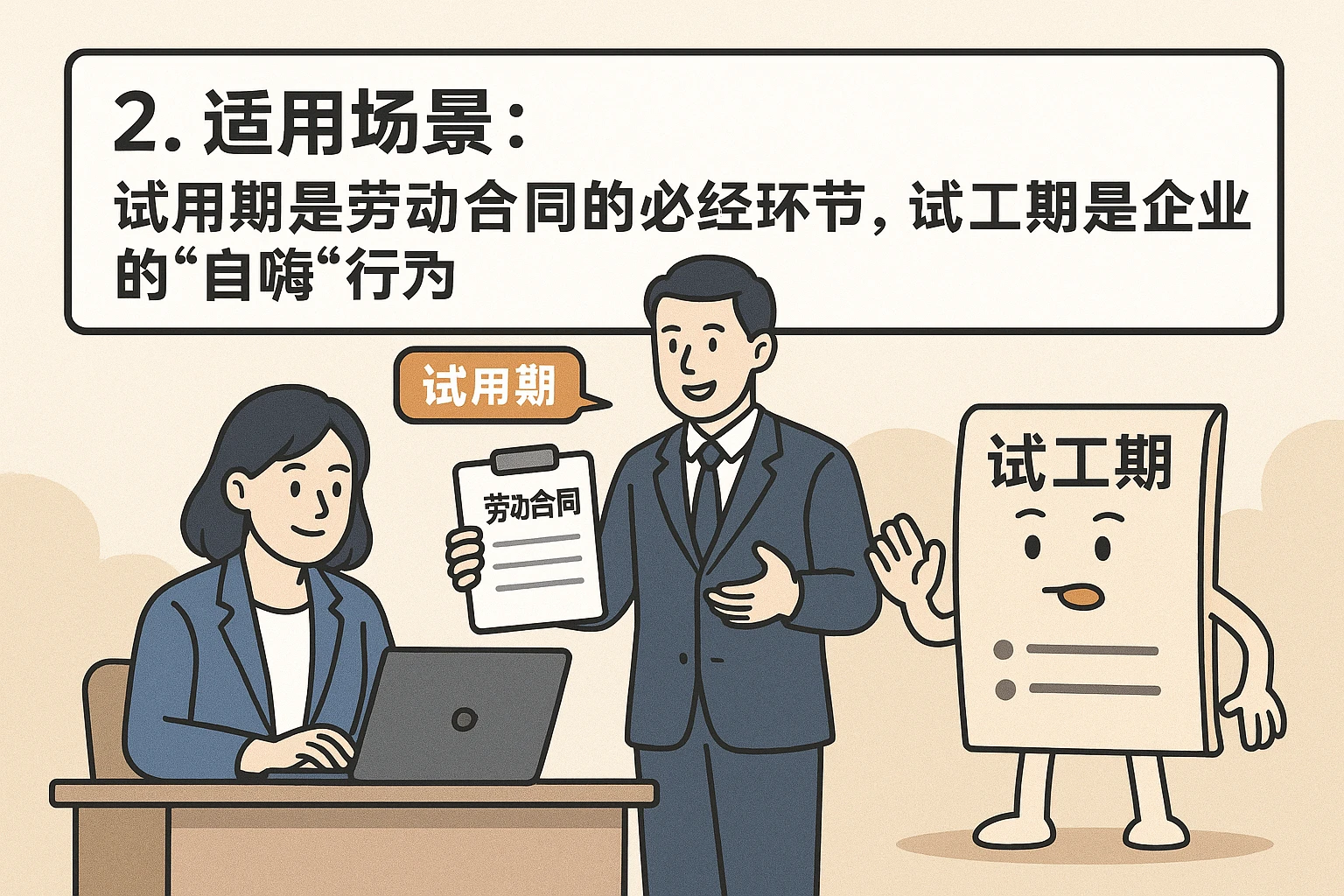 2. 适用场景：试用期是劳动合同的必经环节，试工期是企业的“自嗨”行为