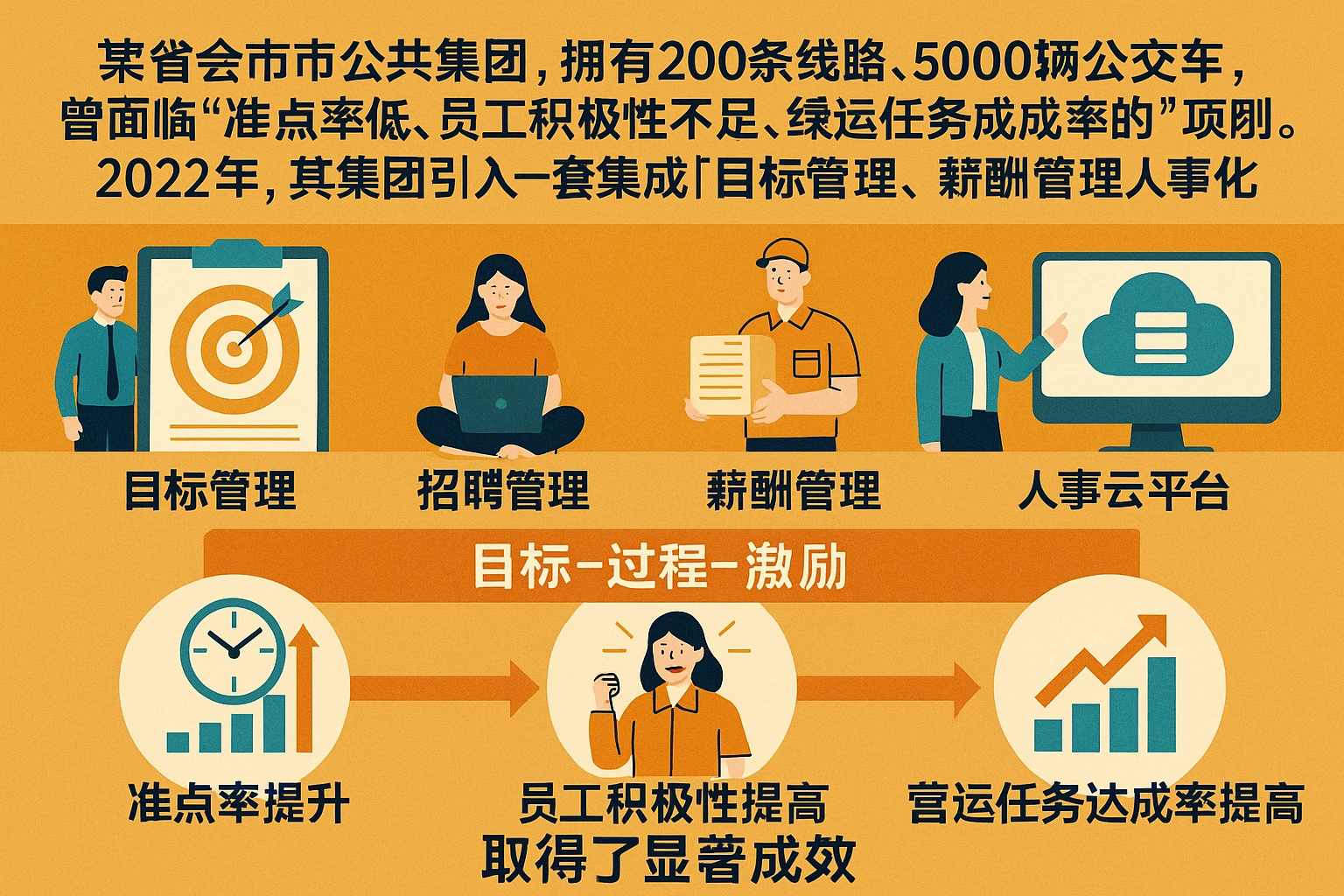 某省会城市的公交集团，拥有200条线路、5000辆公交车、8000名员工，曾面临“准点率低、员工积极性不足、营运任务达成率低”的问题。2022年，该集团引入了一套集成“目标管理、招聘管理、薪酬管理、人事云平台”的人力资源系统，构建了“目标-过程-激励”闭环的绩效考核体系，取得了显著成效：