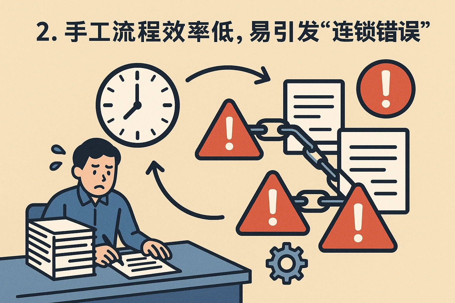 2. 手工流程效率低，易引发“连锁错误”