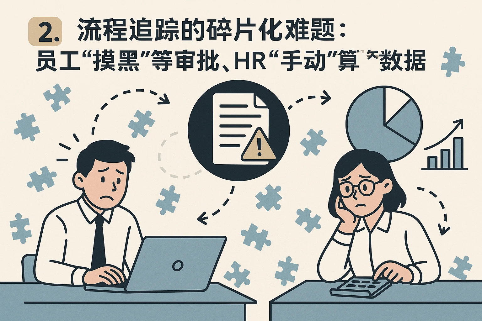 2. 流程追踪的碎片化难题：员工“摸黑”等审批，HR“手动”算数据