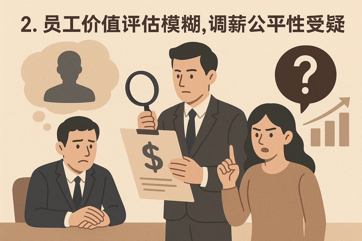 2. 员工价值评估模糊，调薪公平性受质疑