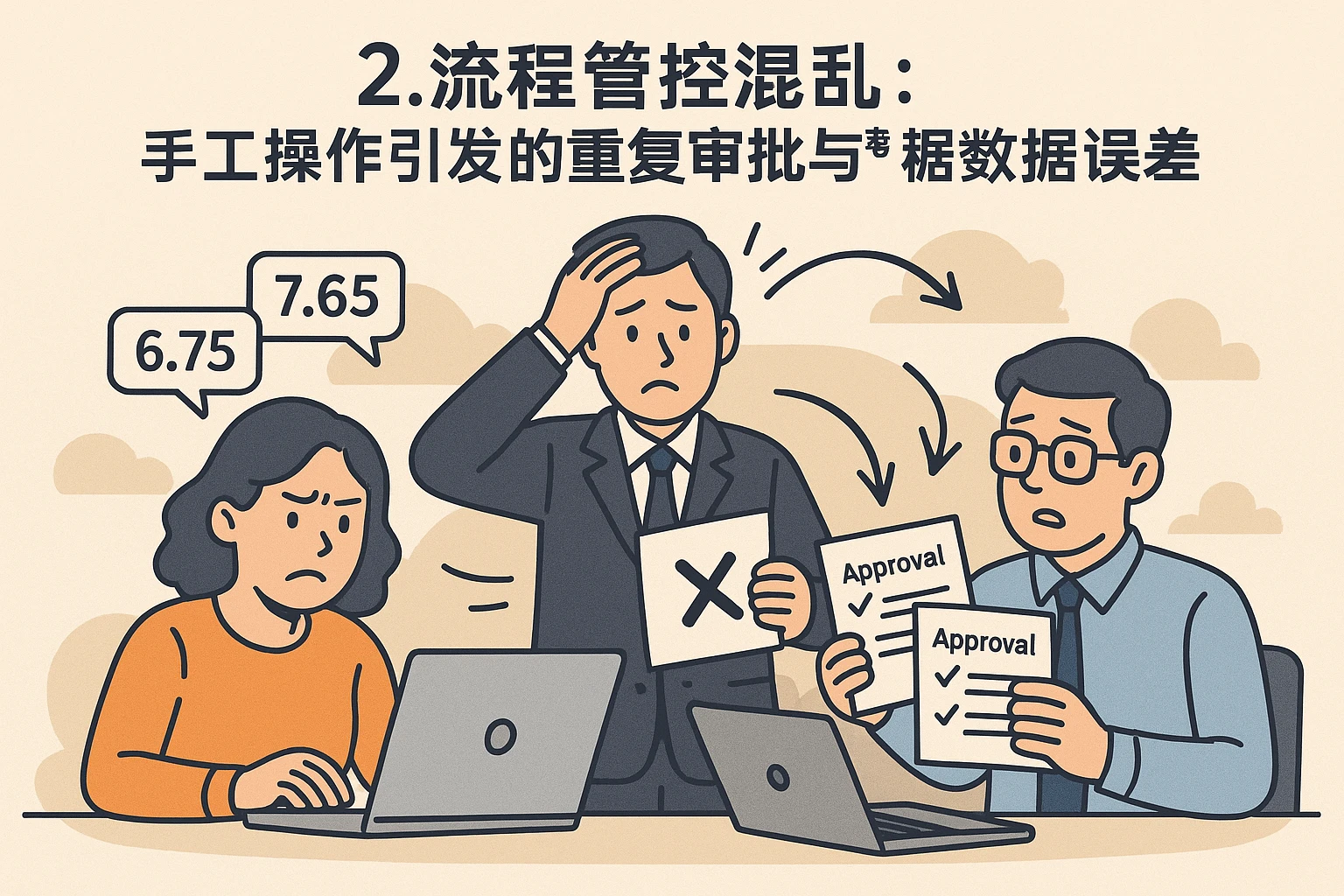 2. 流程管控混乱：手工操作引发的重复审批与数据误差