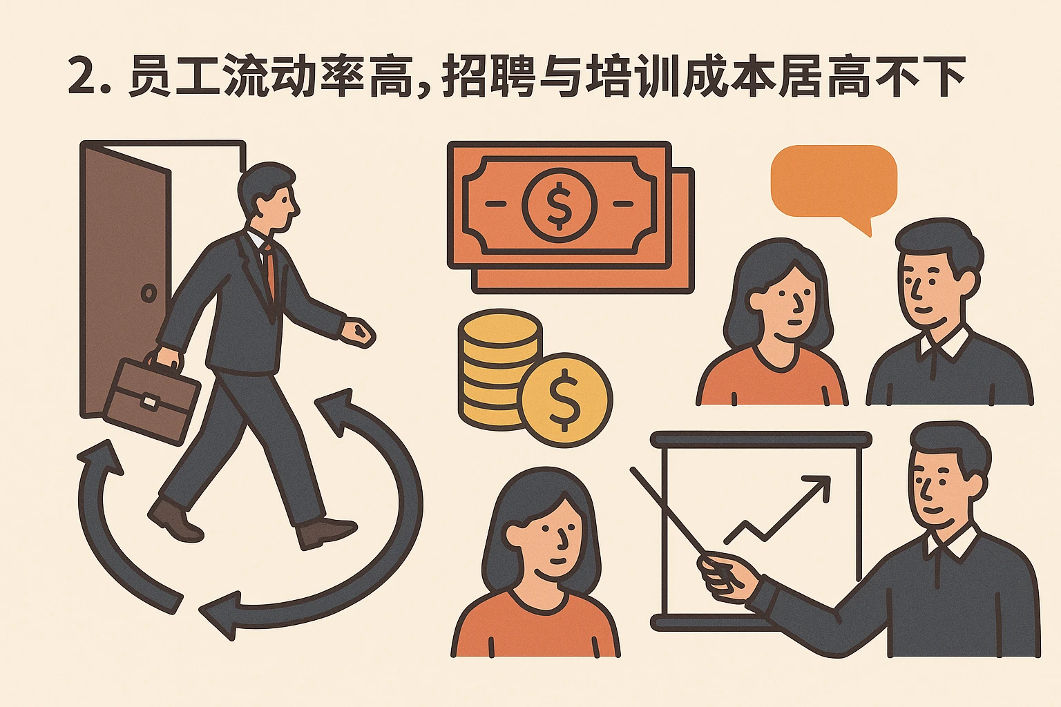 2. 员工流动率高，招聘与培训成本居高不下
