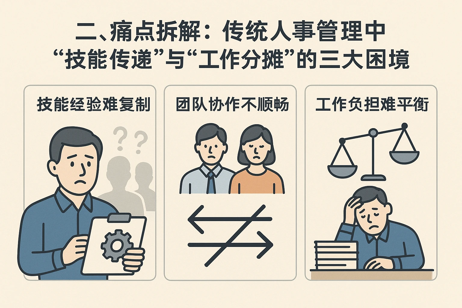 二、痛点拆解：传统人事管理中“技能传递”与“工作分摊”的三大困境