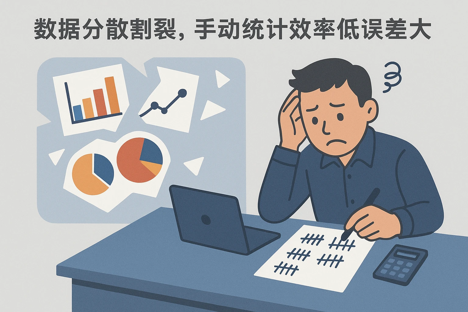 2. 数据分散割裂，手动统计效率低误差大