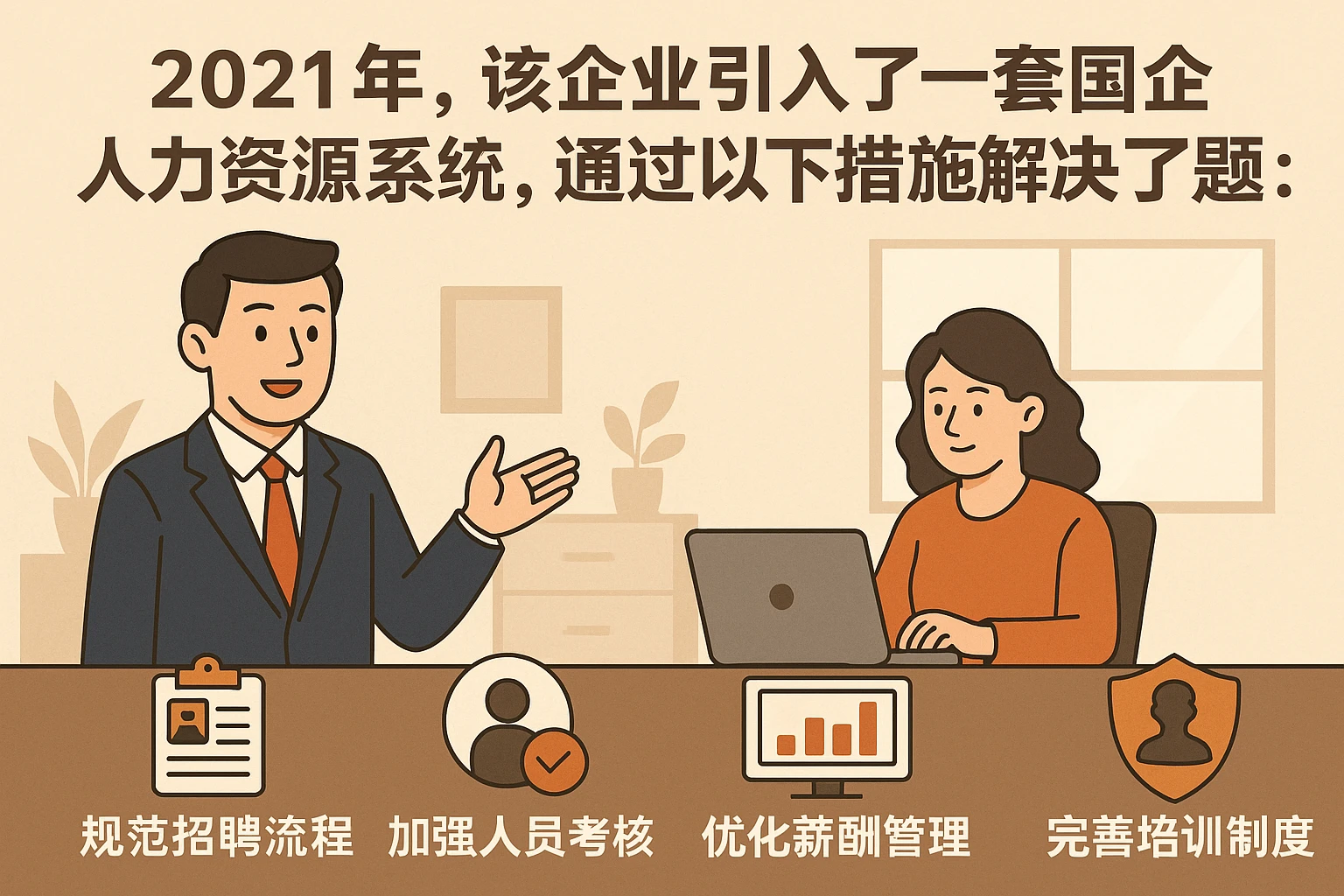 2021年，该企业引入了一套国企人力资源系统，通过以下措施解决了问题：