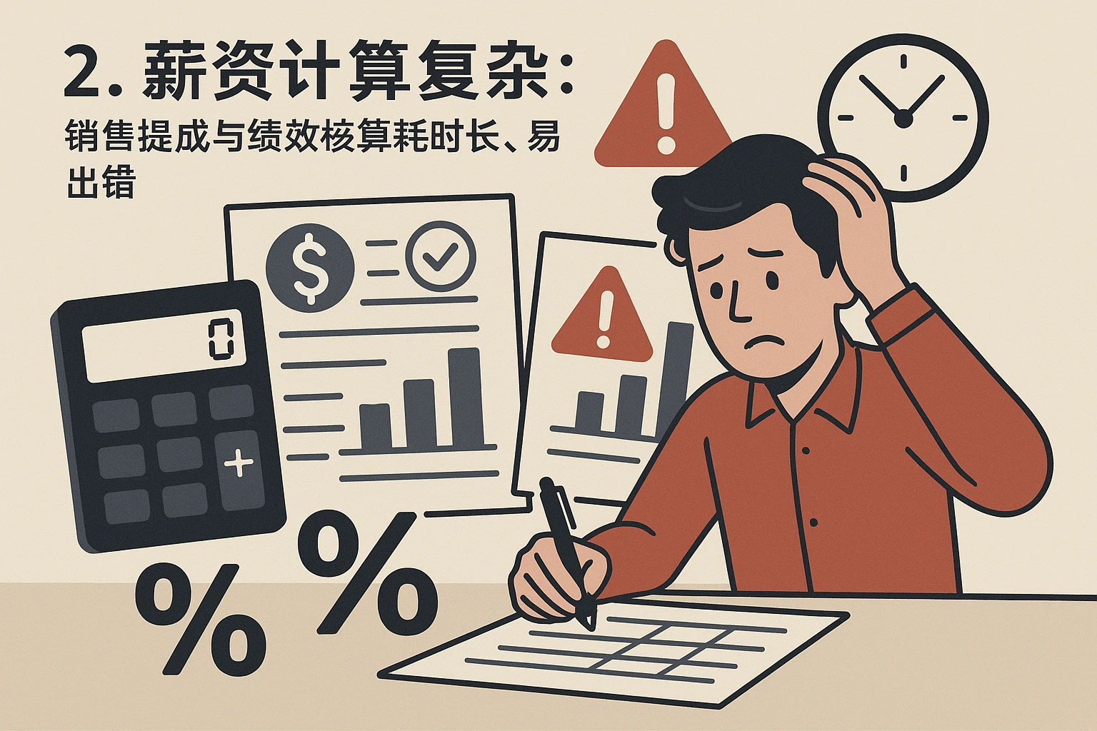 2. 薪资计算复杂：销售提成与绩效核算耗时长、易出错