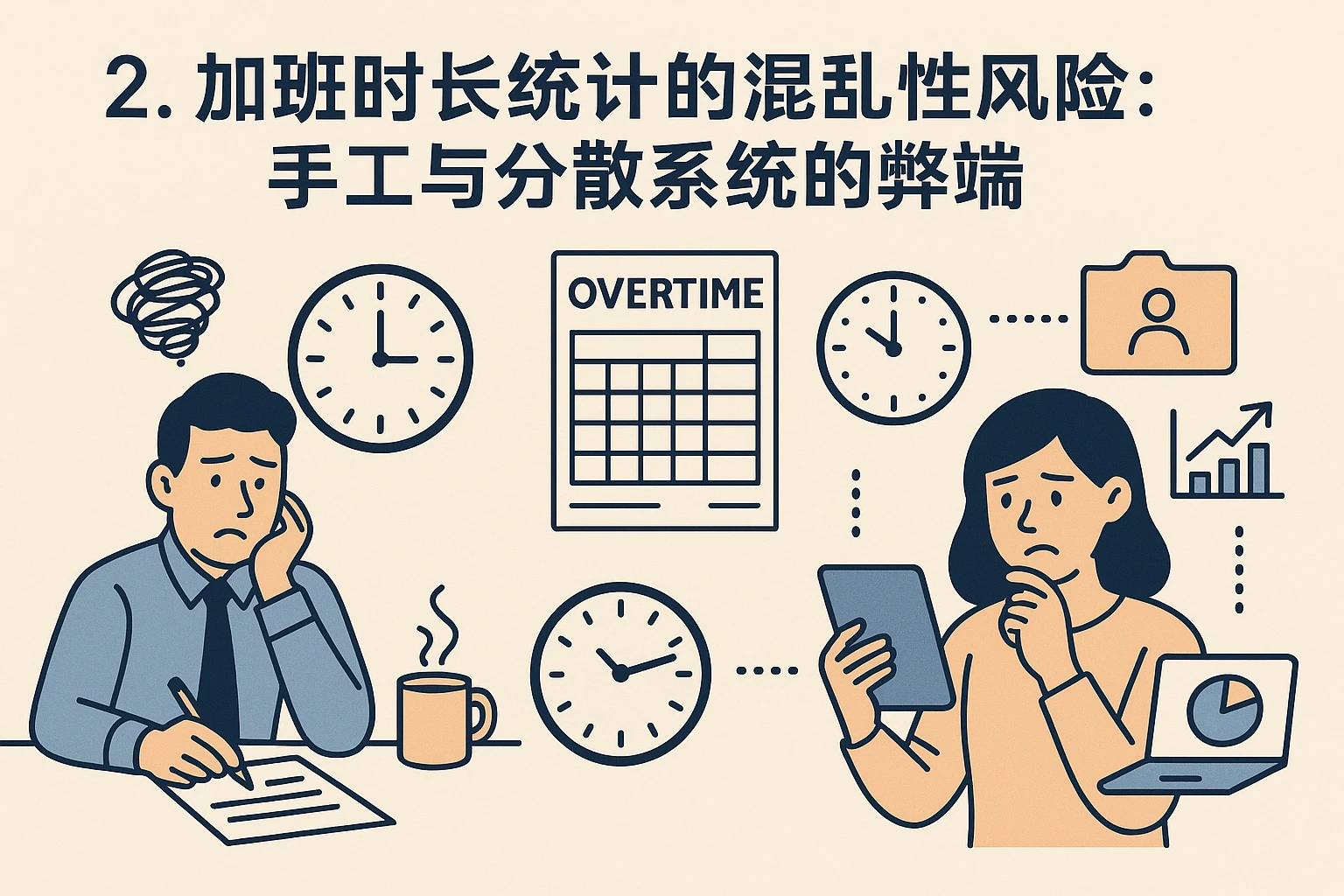 2. 加班时长统计的混乱性风险：手工与分散系统的弊端