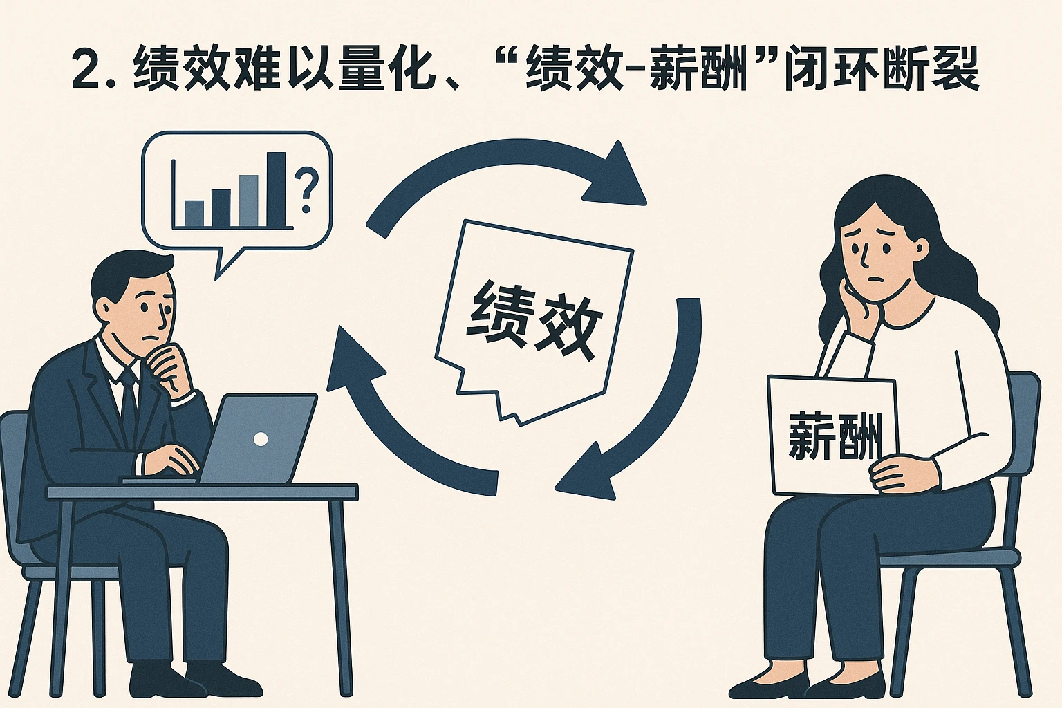2. 绩效难以量化，“绩效-薪酬”闭环断裂