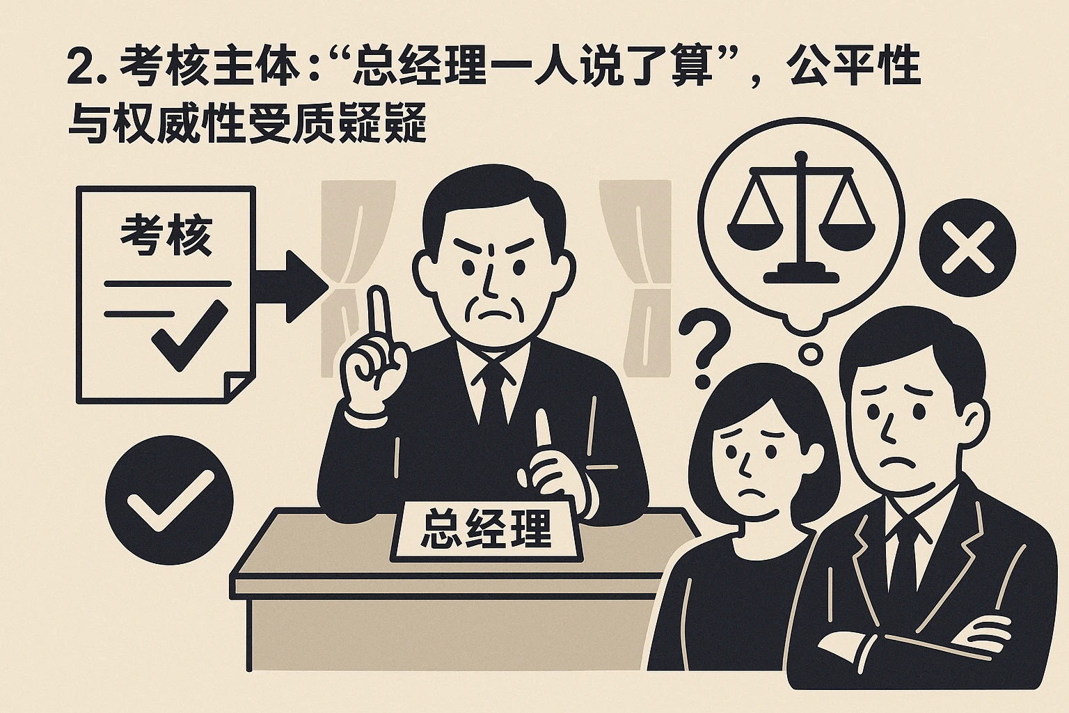 2. 考核主体：“总经理一人说了算”，公平性与权威性受质疑